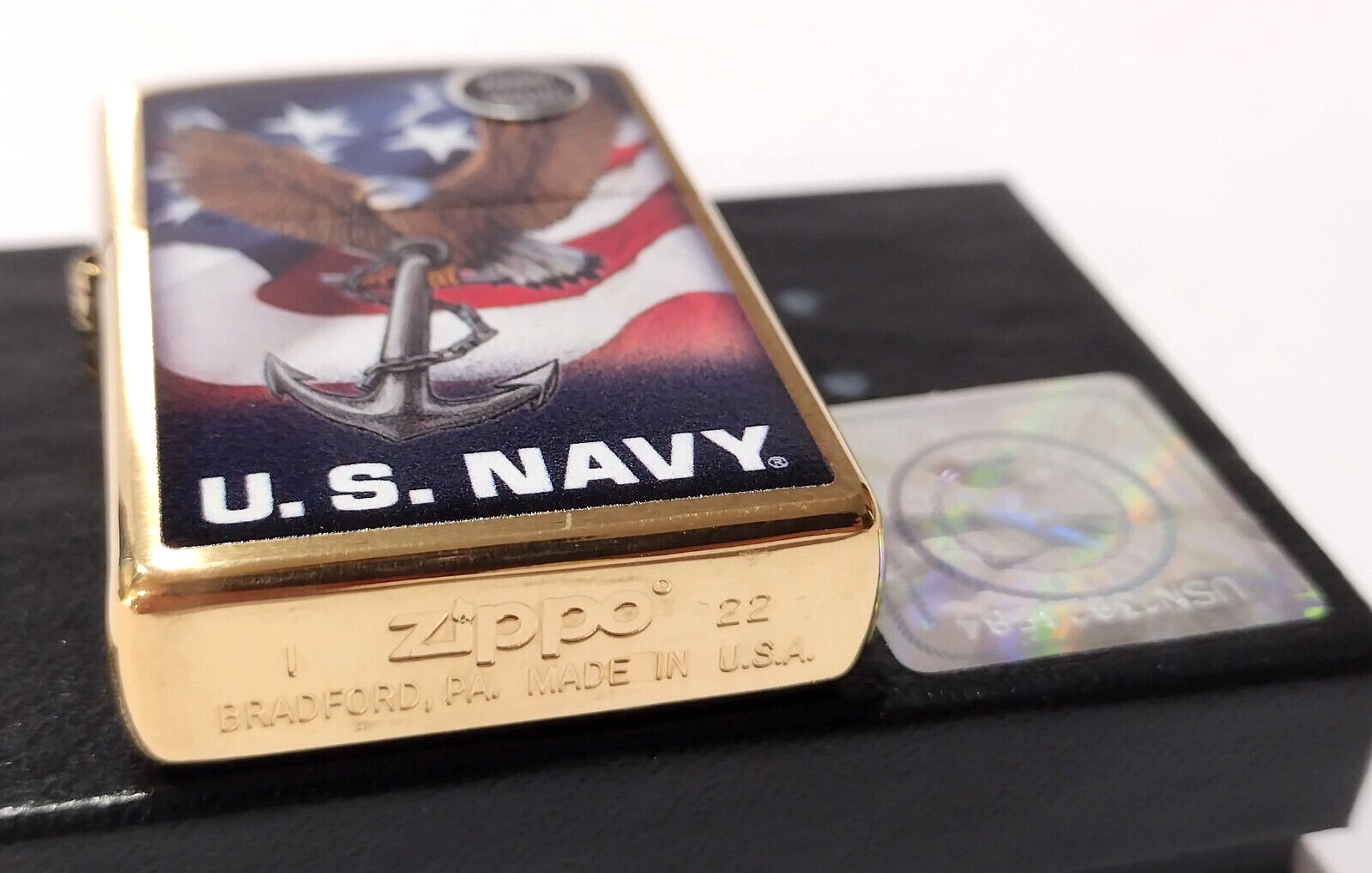 Zippo Windproof Lighter Made In U.S.A. Gold Brass Flag Bald Eagle US Navy Z48549