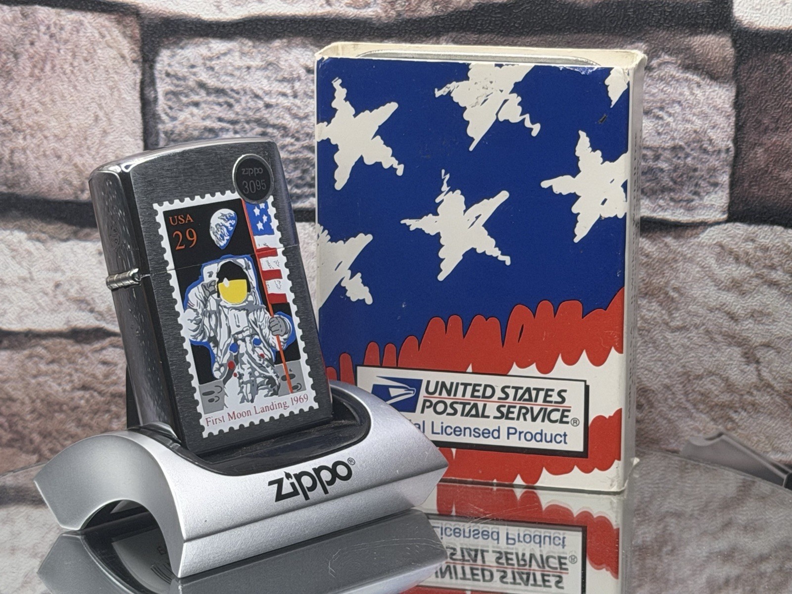 1997 Zippo Space Apollo 11 First Moon Landing 1969 Postage Stamp W/ Original Box