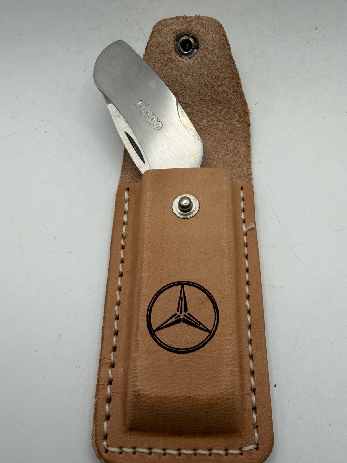 Mercedes Brown Leather Knife Belt Pouch & Zippo Stainless Steel Pocket Knife