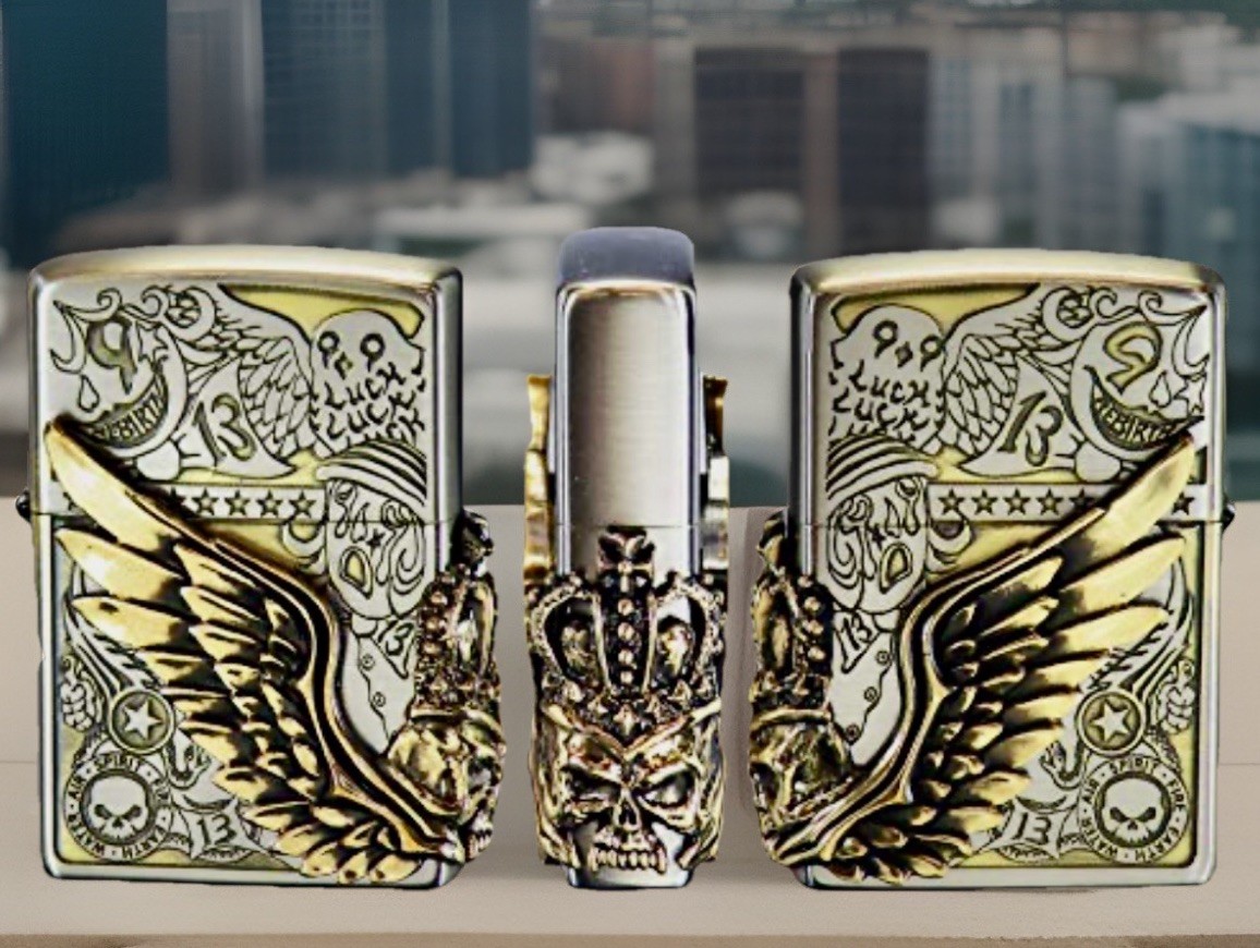 Zippo Lighter Fortune Head Lucky Owl Crown Skull 3 Sided Metal Gold Silver Brass