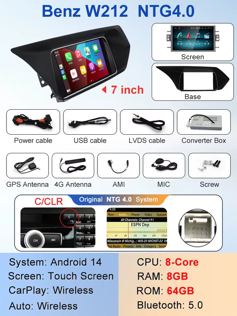 Qulacomm Snapdragon6125 665 Android 14 For Mercedes Benz E Class W212 Wireless