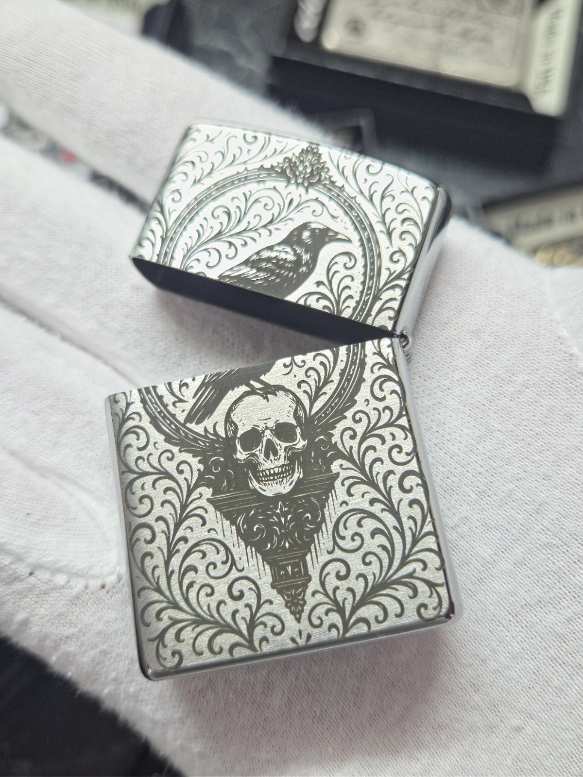 Zippo Case Memento Mori Skull & Raven Engraving Unique Design Great Gift