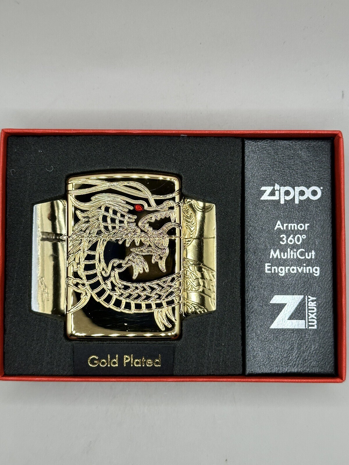 Chinese Dragon Deep Carved High Polish Gold Plated Armor Zippo Lighter NEW 29265