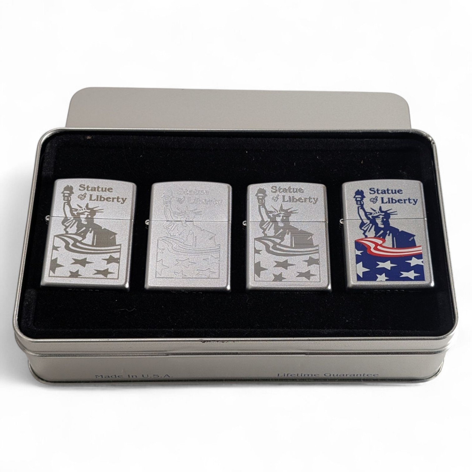 Vintage 1999 Statue Of Liberty Set Of 4 Zippo Lighter NEW In Tin Etched