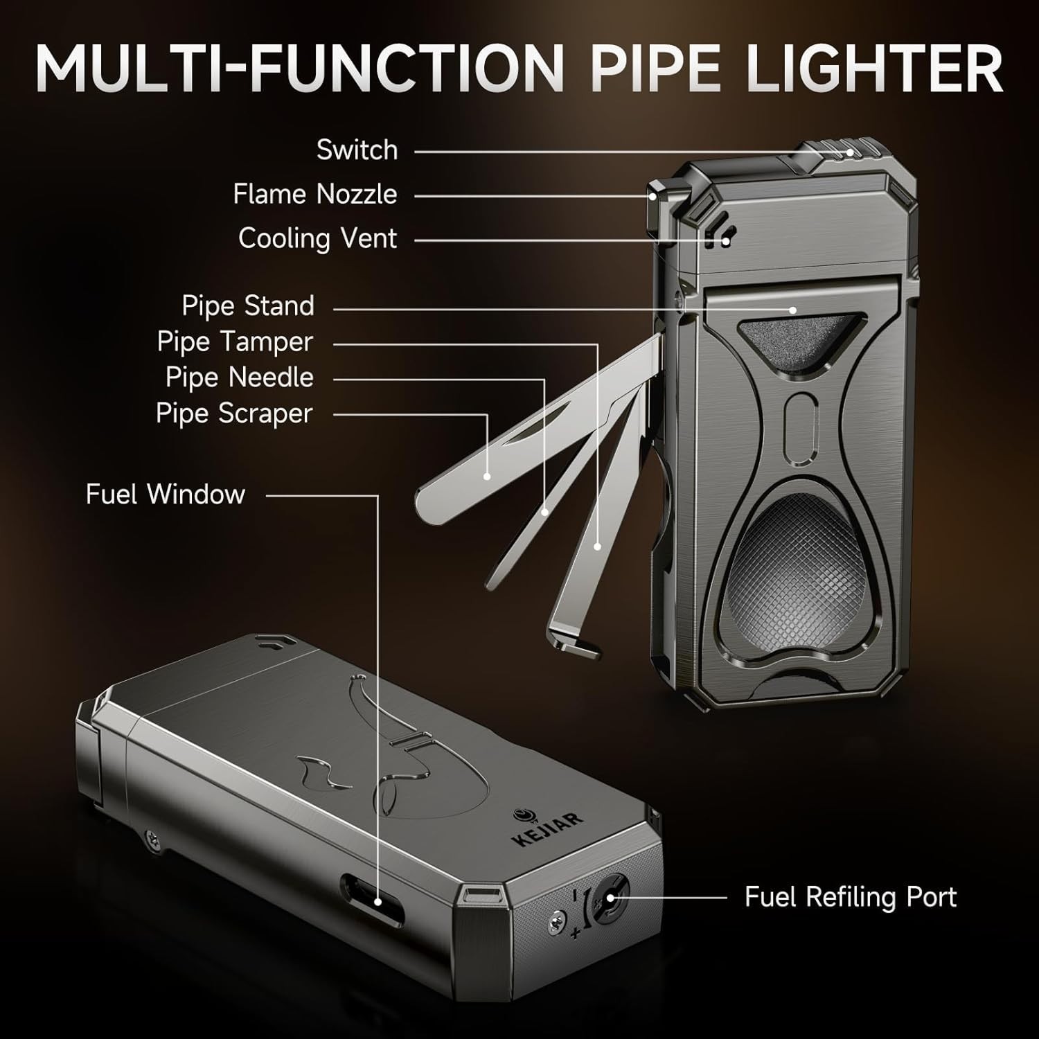 Pipe Lighter ，4 in 1 Soft Flame Lighter with Pipe Stand, 3 Collapsible Pipe….