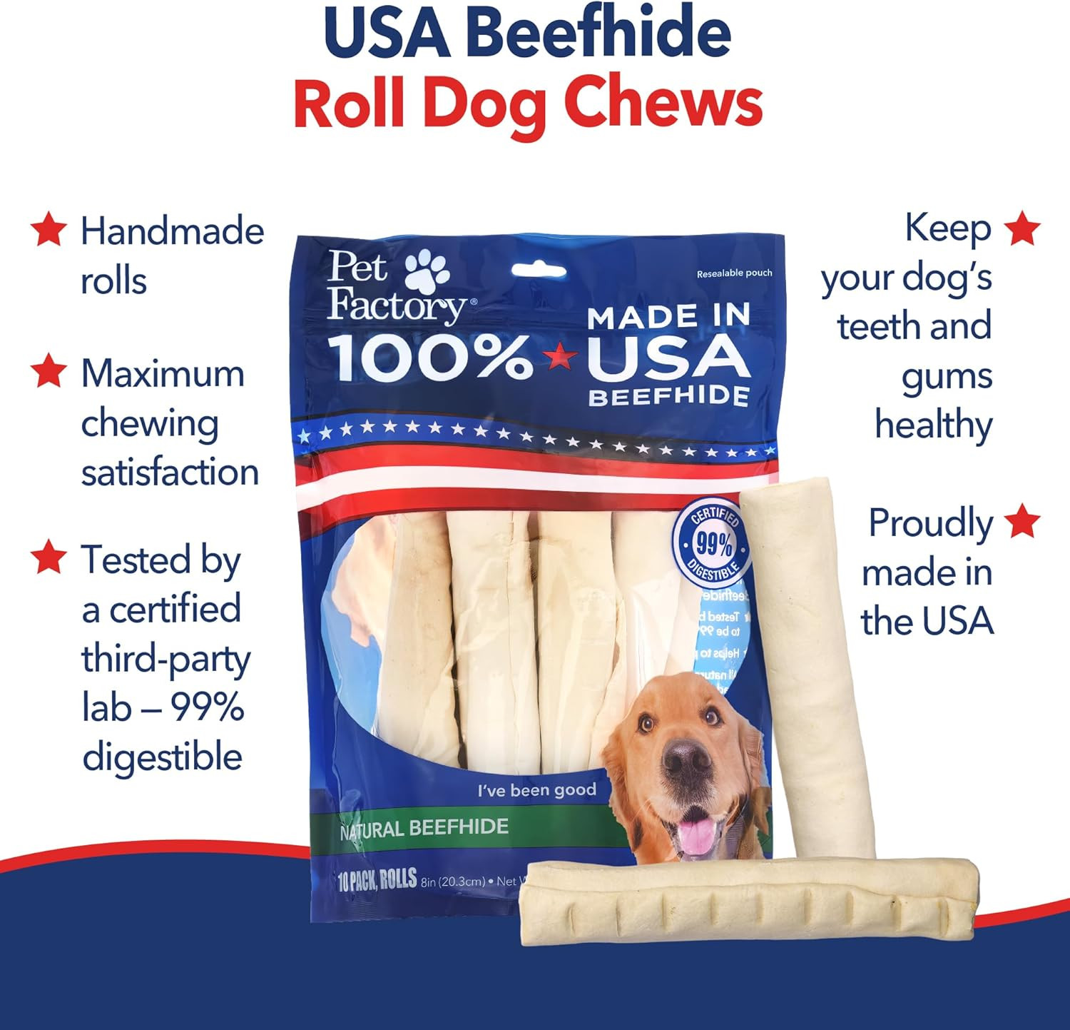 100% Made in USA Beefhide 8″ Rolls Dog Chew Treats – Natural Flavor, 10 Count/1