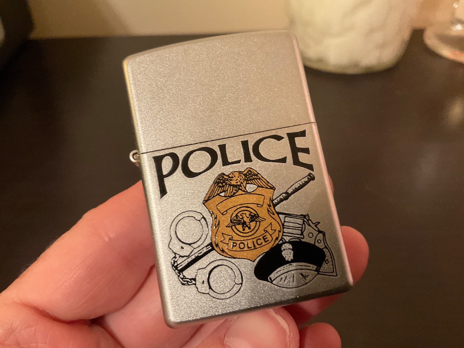 Vintage 2004 Zippo Police Frosted Chrome Lighter Sheild Badge Handcuffs Motif
