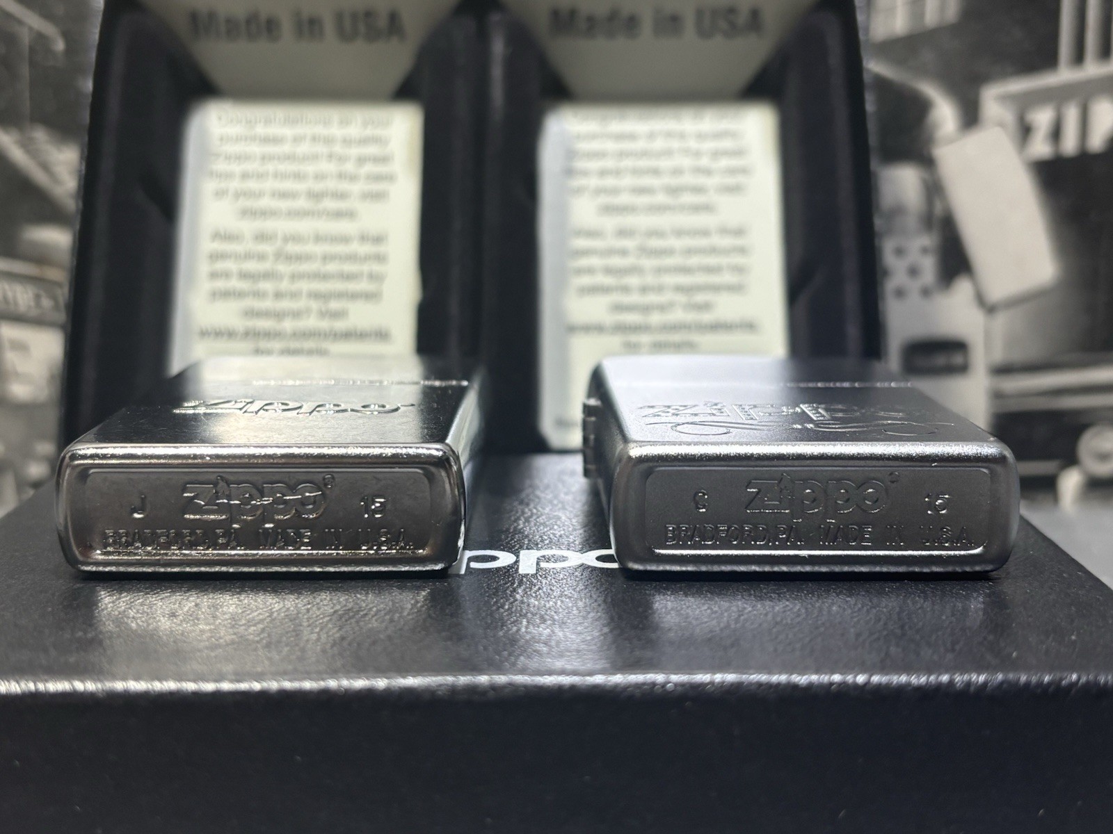 Zippo Collectors Set Of 2 Zippo Logo Lighters, Chrome New In Box