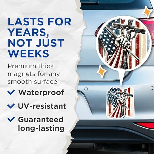 (2 Pack) USA Flag with Crucifix Cross Patriotic Magnets – 5 Inches On Longest