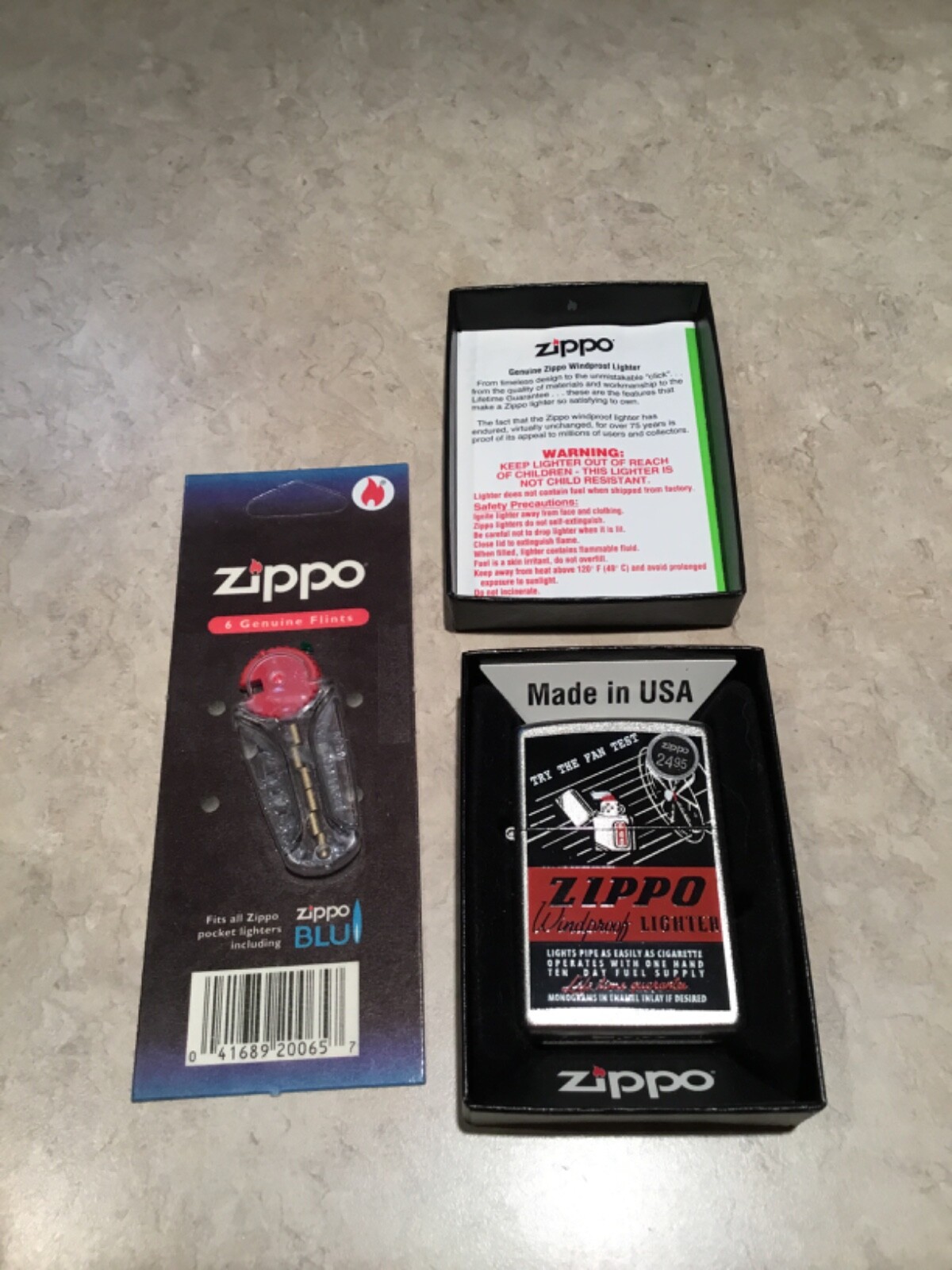1930’S VINTAGE ZIPPO AD TRY THE FAN TEST REMAKE ZIPPO LIGHTER MINT IN BOX FLINTS