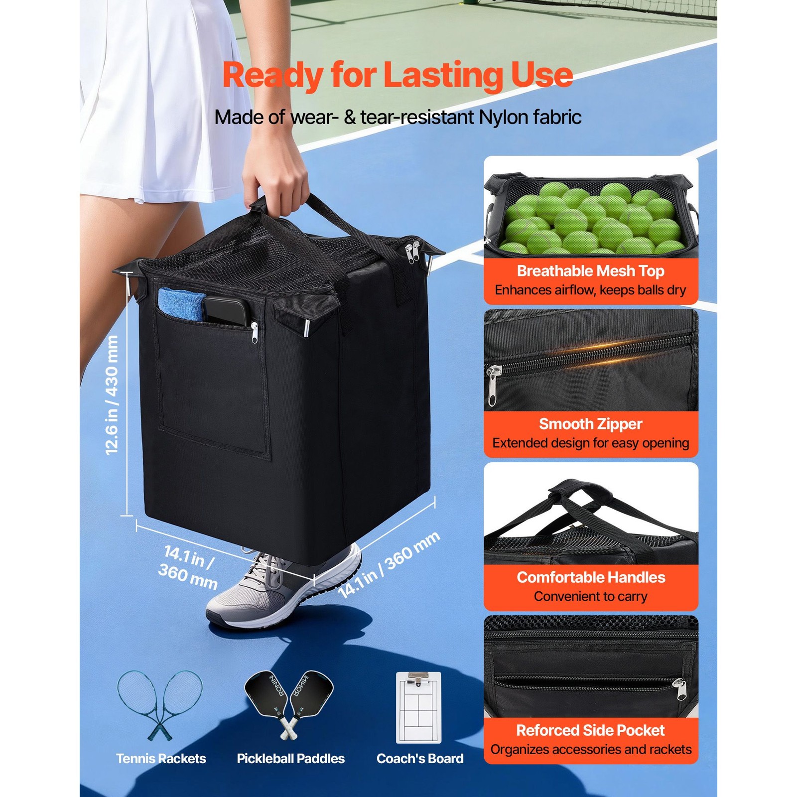 Foldable tennis ball hopper holds 200 balls with wheels and storage bag