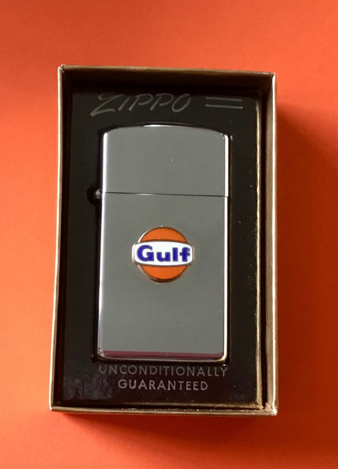 NOS 1965 Zippo Lighter GULF GAS & OIL SLIM LIGHTER UNUSED IN BOX! XLNT SEE PICS!