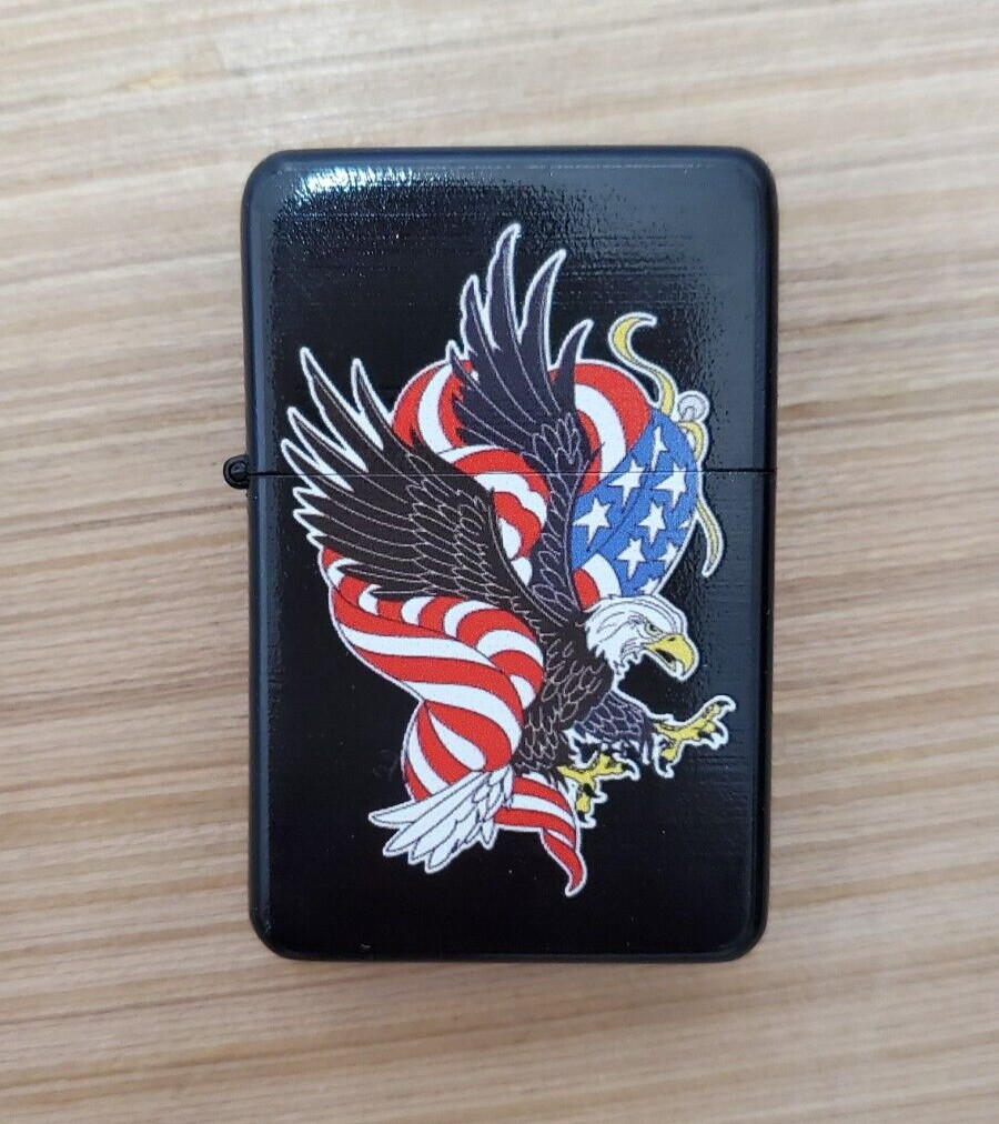 American Flag & Eagle Steel Oil Lighter (Pure Black)