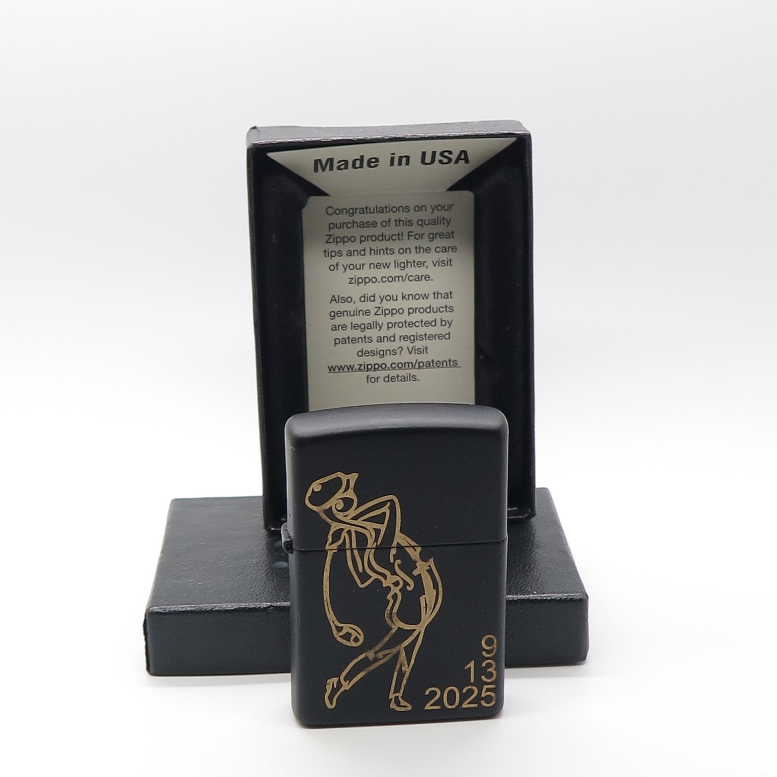 Zippo 218 Classic Black Matte Pocket Lighter V and Golfbase 9/13/2025 Printed