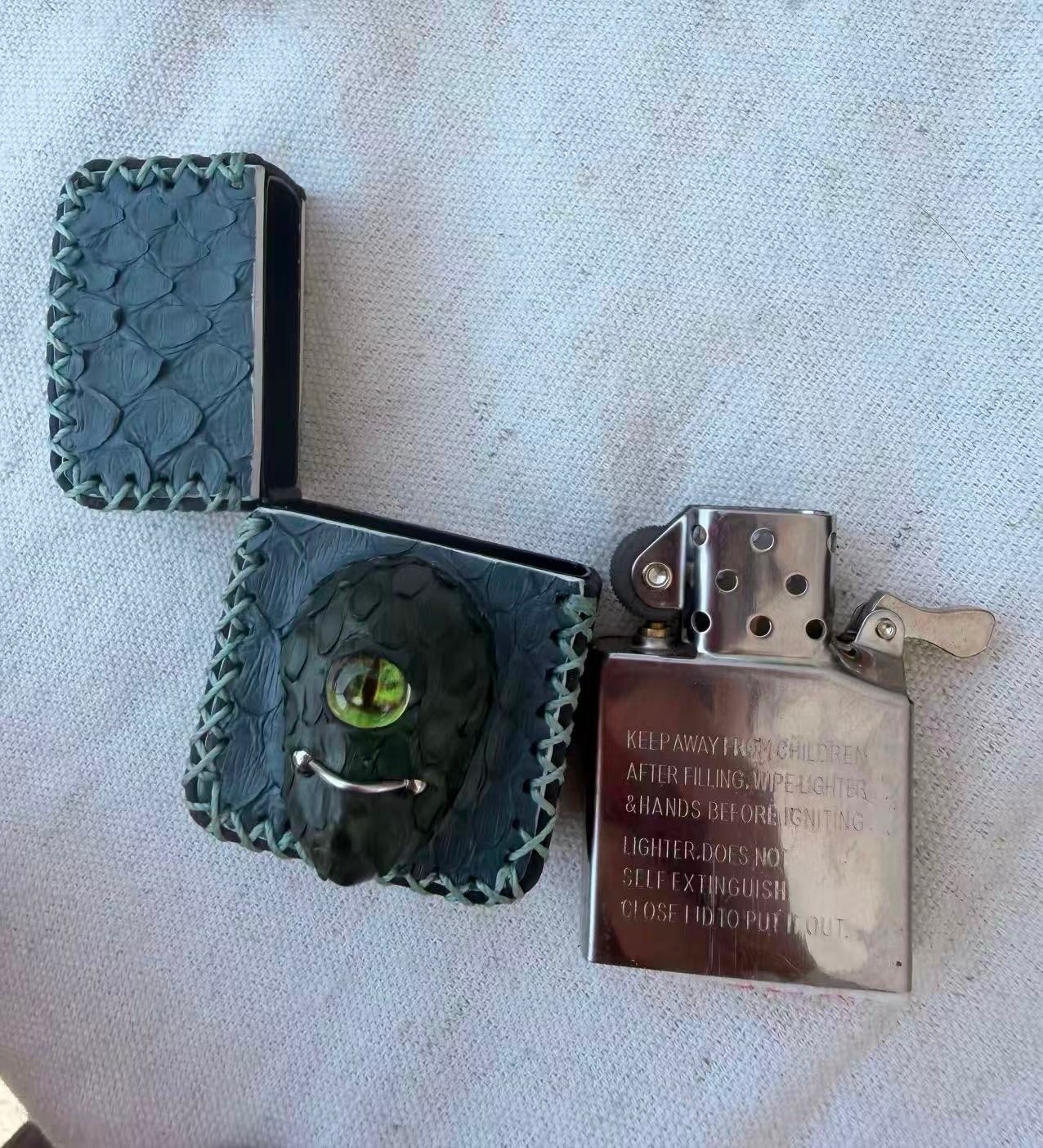 Handmade Snakeskin Leather zippo lighter With 3D-Printed Eyes
