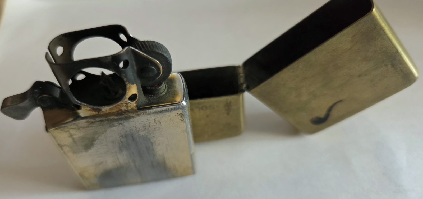 Vintage 1990 Zippo Solid Brass Pipe Lighter, Factory Matched F VI Gold Insert