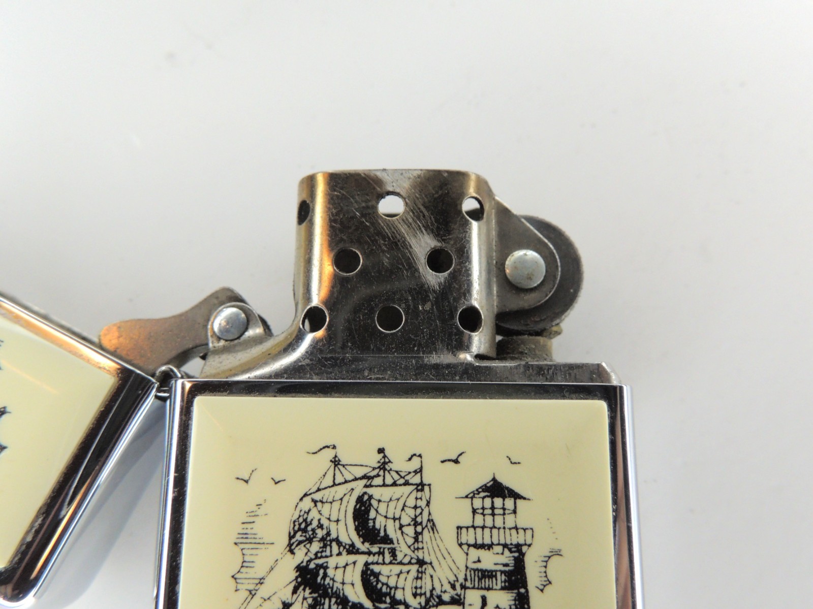 Vtg 1995 Scrimshaw Boat Lighthouse Nautical Zippo Flip Top Lighter USA As Is