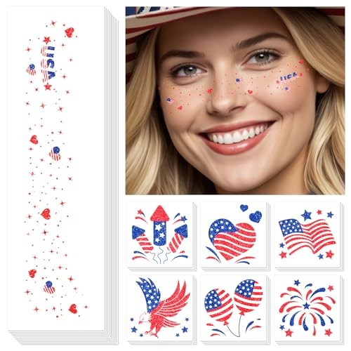 4th of July Decorations, Glitter Freckles Face Tattoo with American Flag