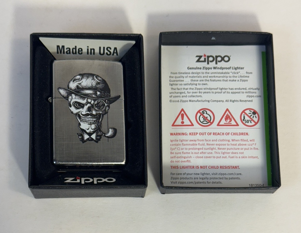 Zippo Lighter Gentleman Skull Bowler Hat With Monocle & Smoking Pipe #77430
