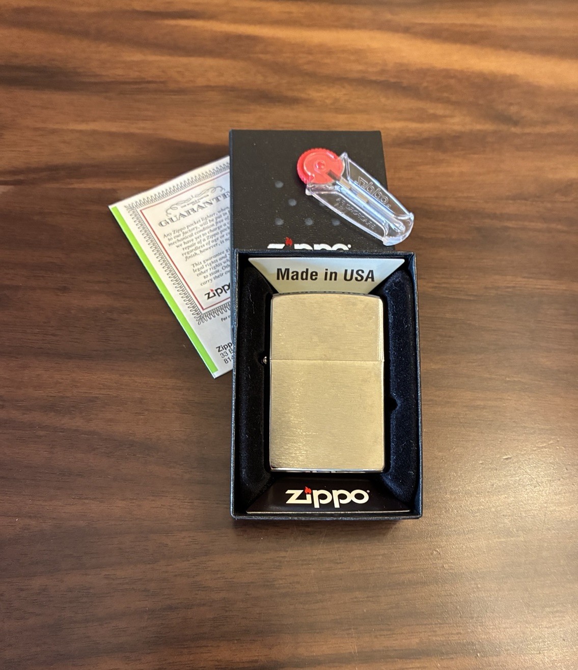 New w/ box Unfired Zippo Regular Brush Finish Chrome 200 & 2 Flints –