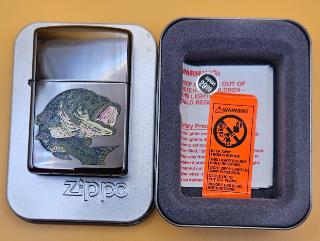 Zippo Lighter 2003 Zippo Outdoor Series: FISH, Black Ice, New in Box