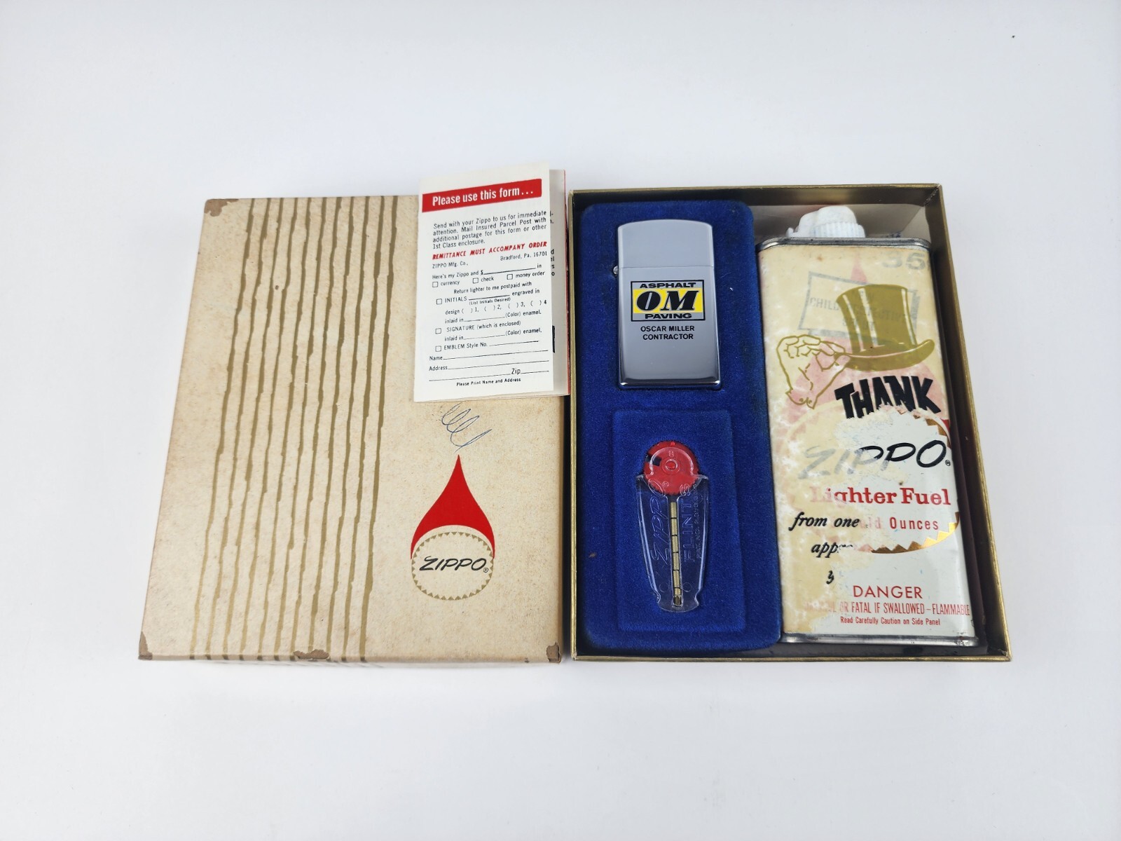 Vintage 1975 Zippo Slim Gift Set Unfired OM Asphalt Paving Flints & Fluid Box