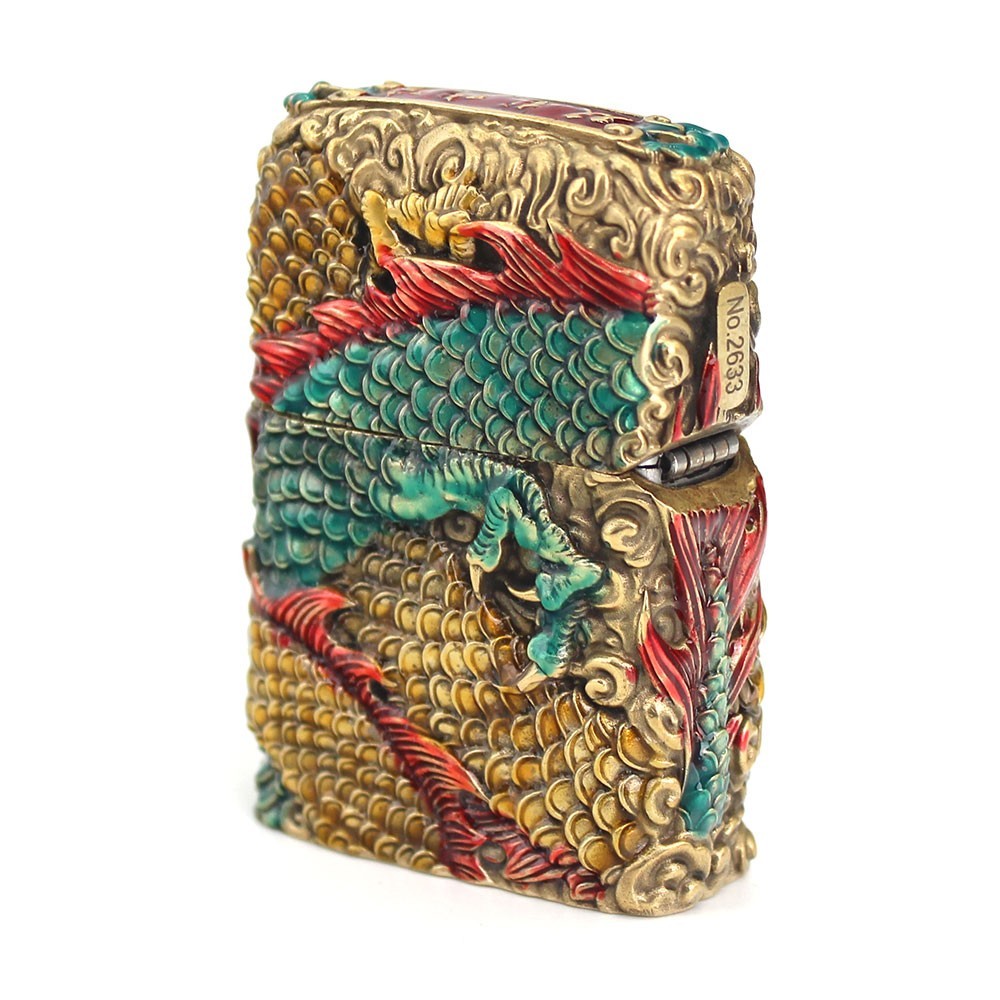 Zippo lighter Asia Full Cover Custom/ 3D Double Dragon Bite Cintamani Wooden Box