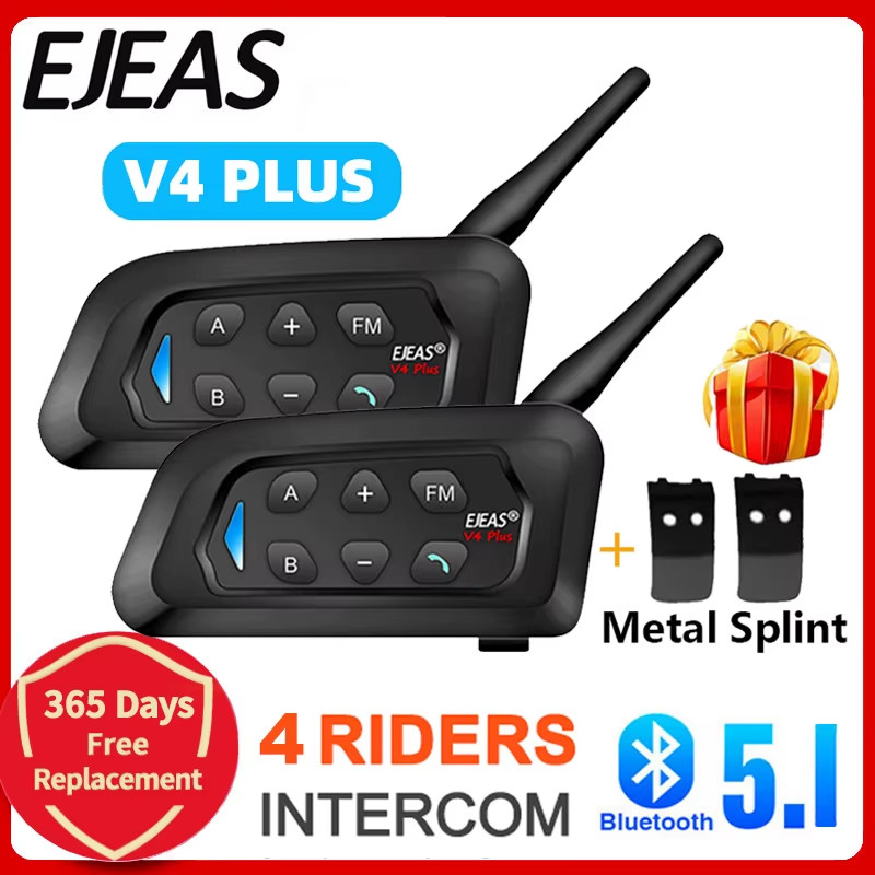 V4 PLUS Helmet Bluetooth Headset Intercom 2-4 Riders 1500M Full Duplex Intercomu