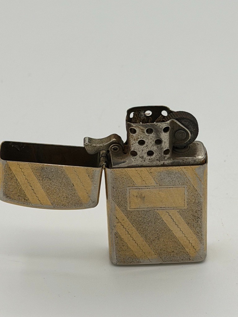 Vintage Zippo Lighter Brass Tone Diagonal Stripe W/ Case