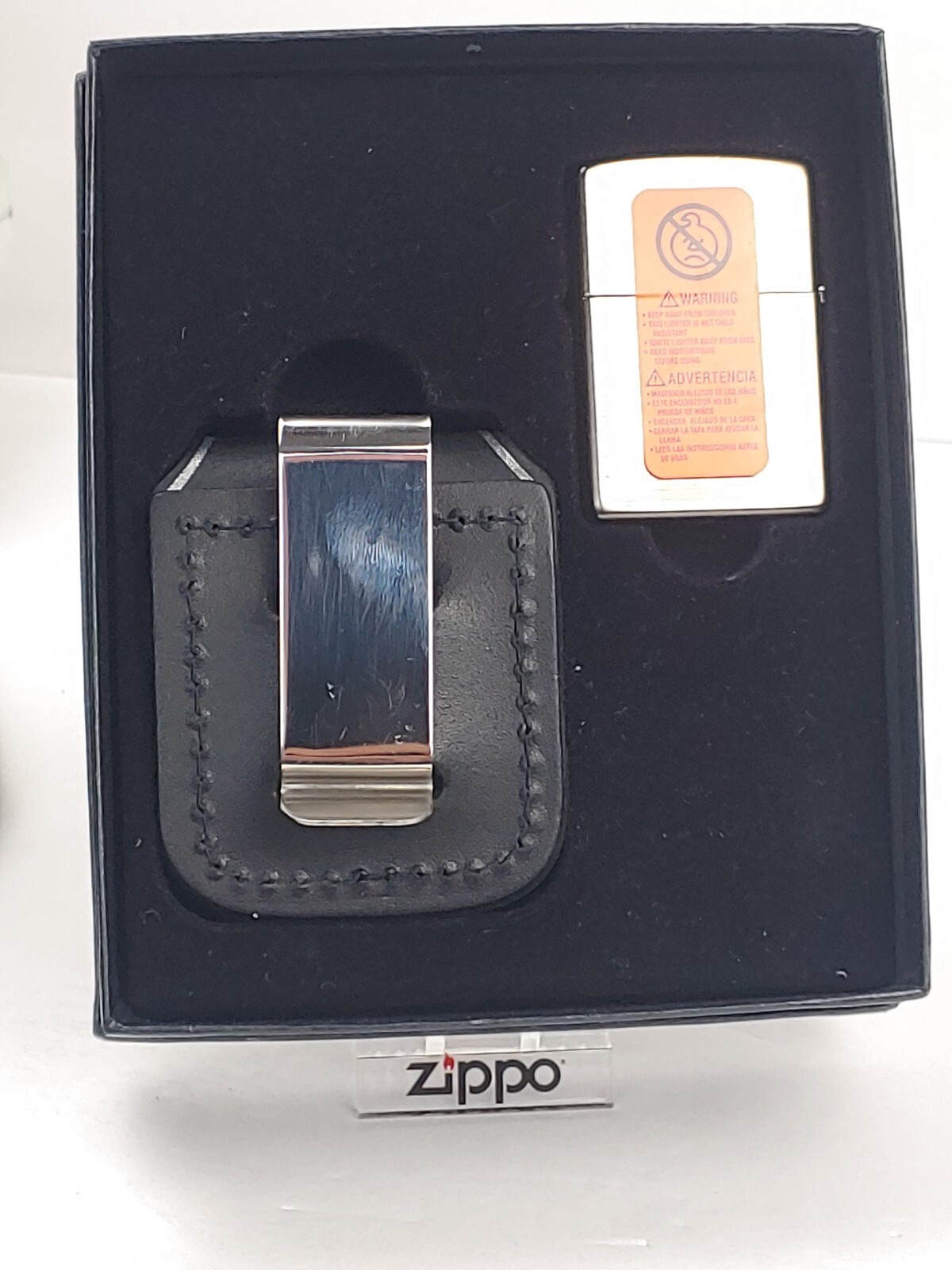 Zippo Marlboro Stripe Windproof Lighter w/ Zippo Black Leather Pouch in Gift Box