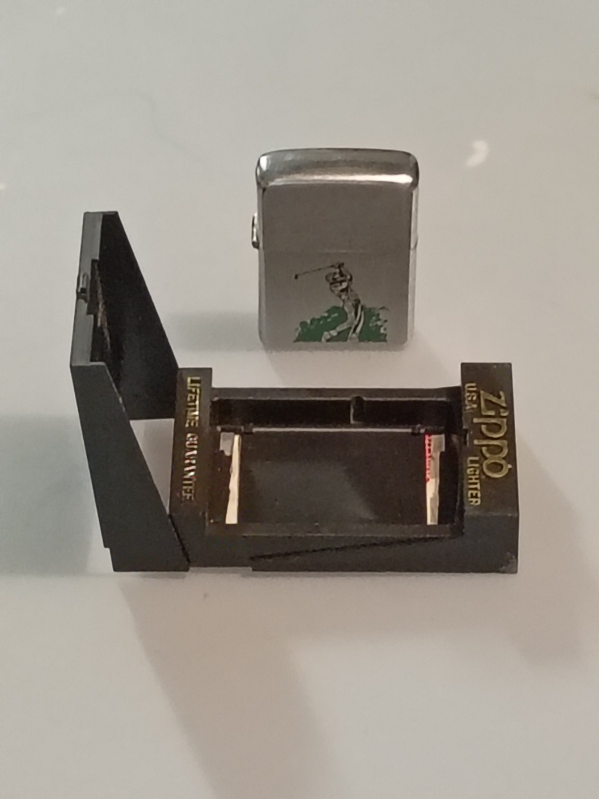 Vintage Golfer Zippo Lighter Black Plastic Box