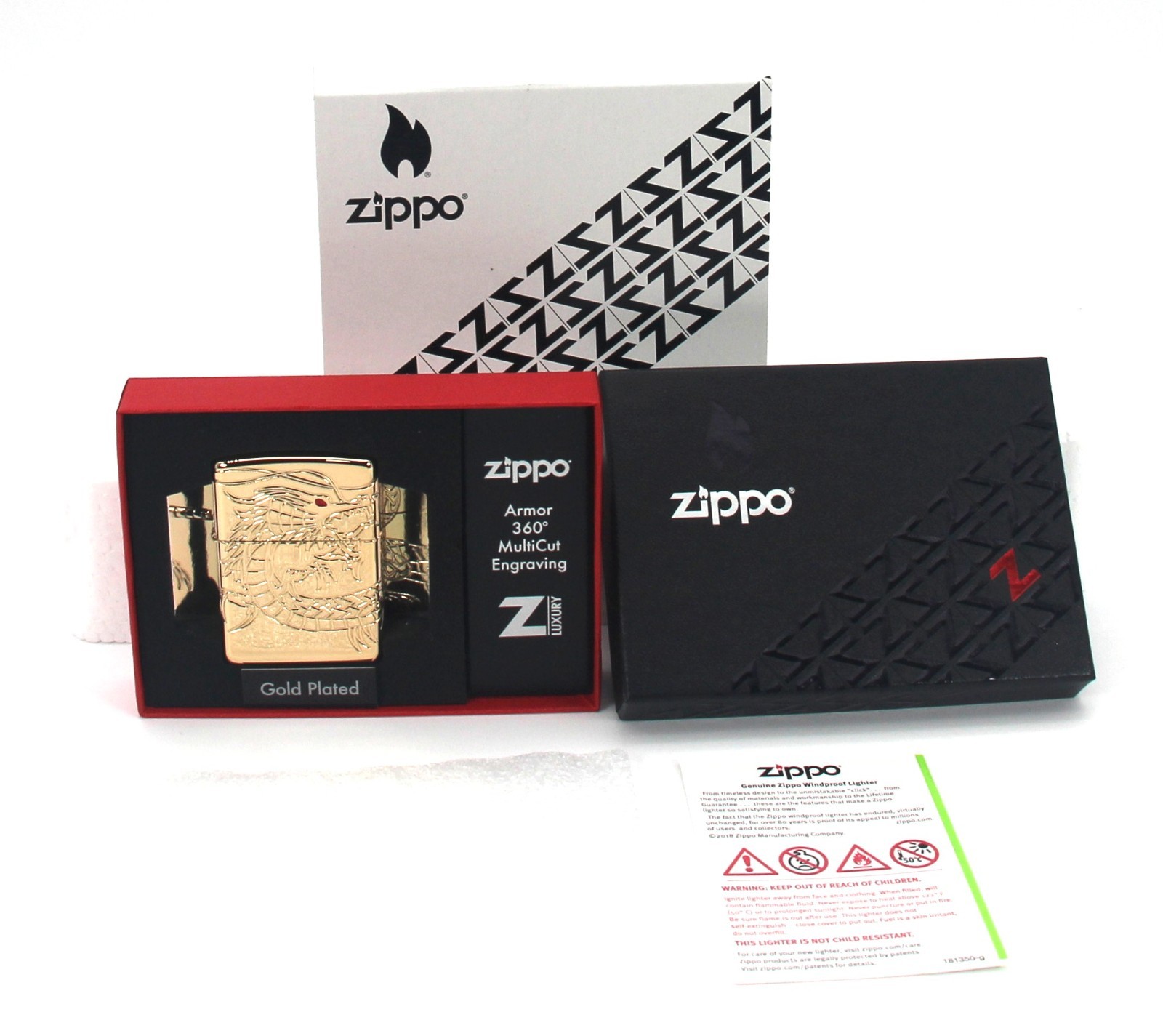 ZIPPO LIGHTER CHINESE DRAGON GOLD PLATED ARMOR 360° MULTICUT ENGRAVING NEW