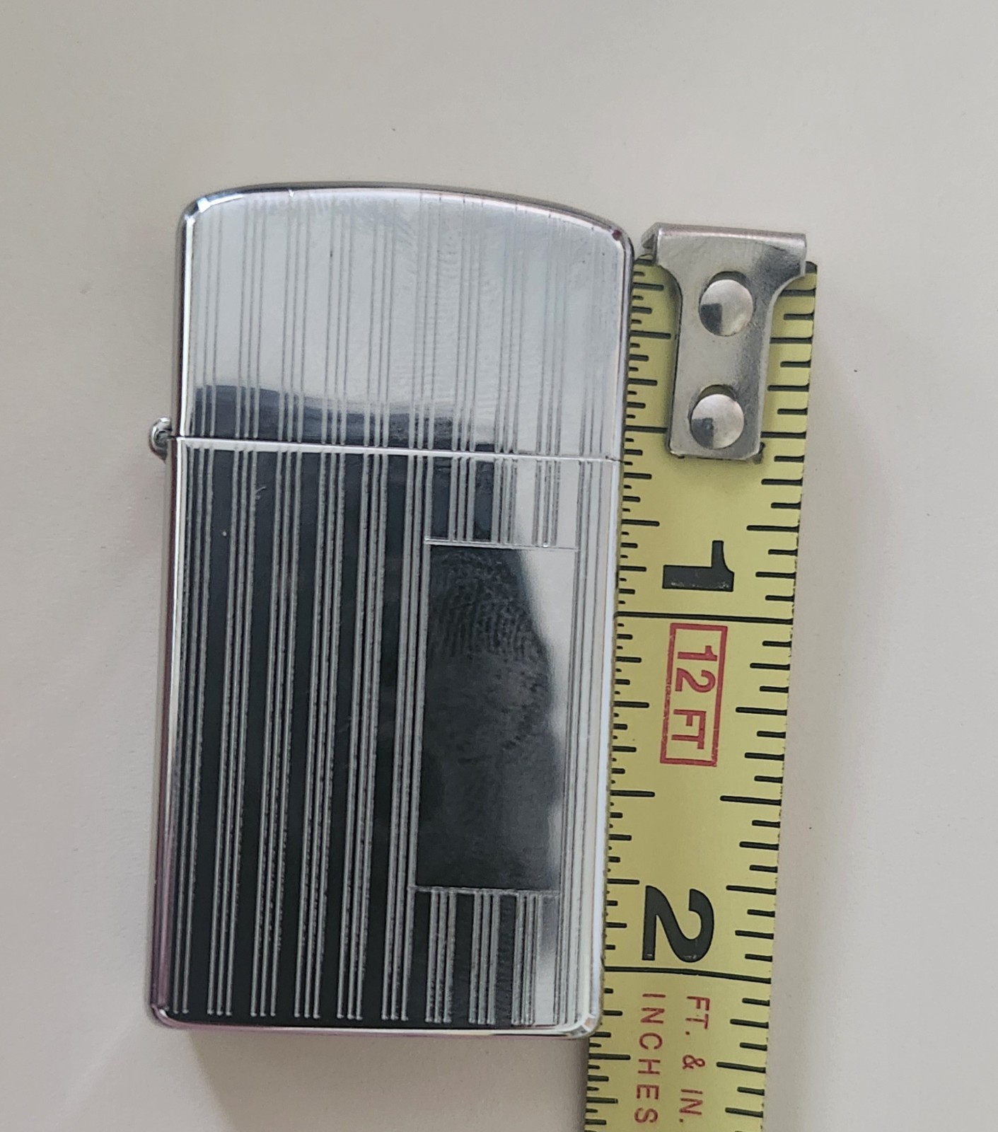 Vintage 1960’s Slim Zippo Pinstripe Horozontal Stripe Lighter Silver