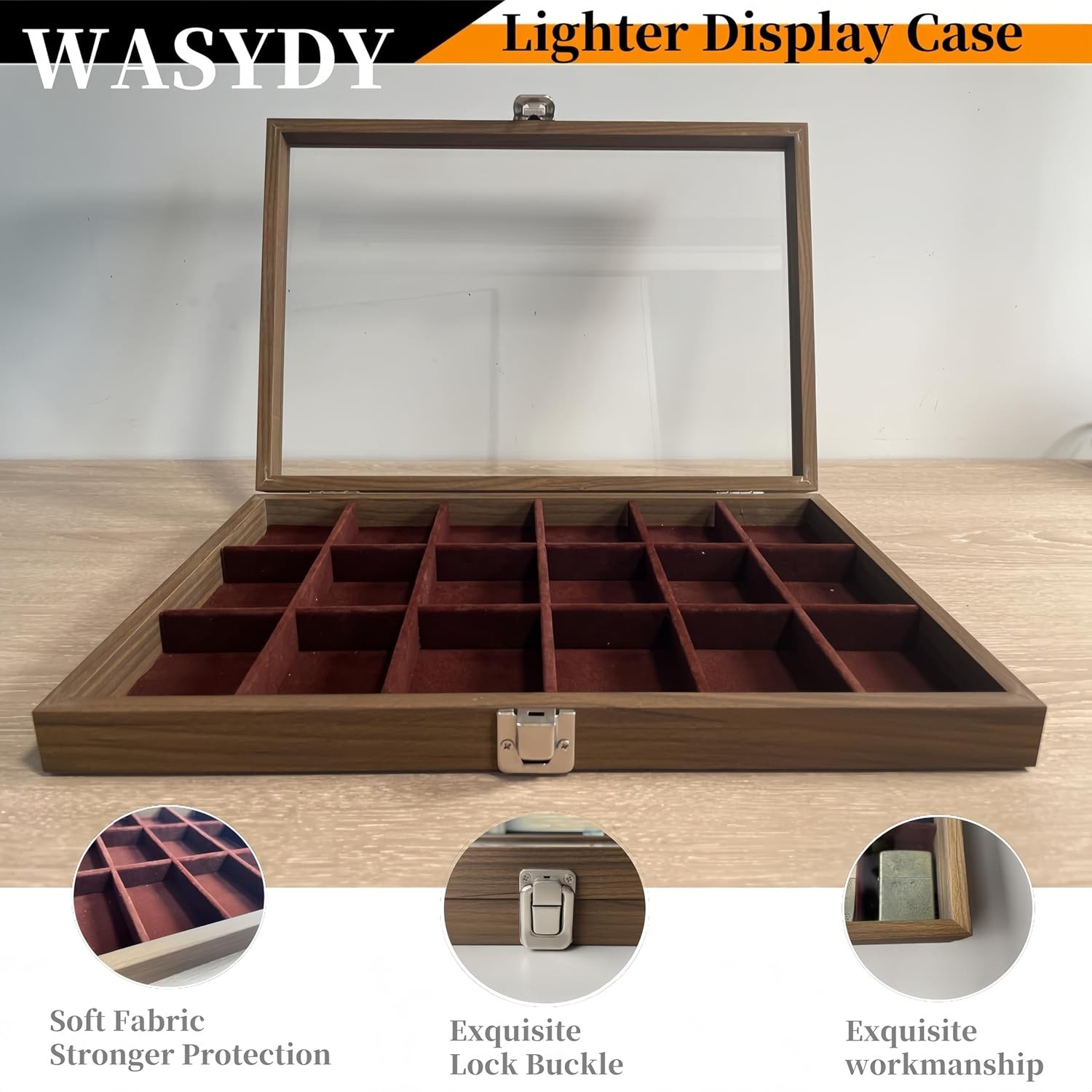 Zippo Lighter Display Case，Zippo Lighter Case With Glass Top&Lock,18 Capacity