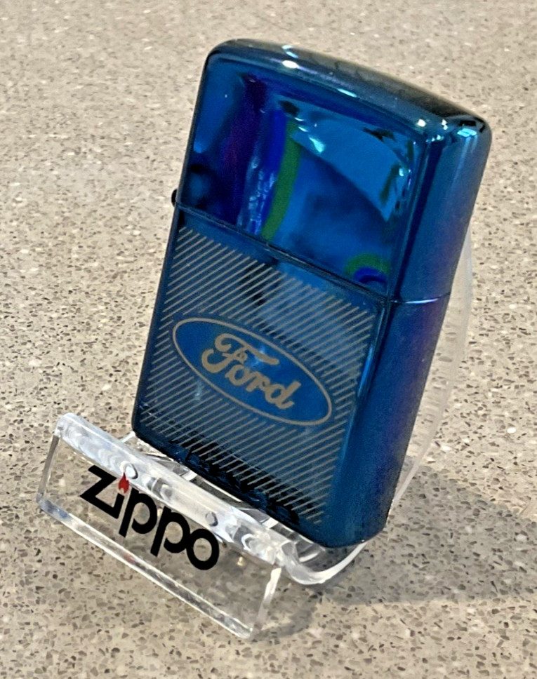 Genuine Brand New 2003 ZIPPO Lighter Unusual FROSTED FORD LOGO Blue Chrome Case