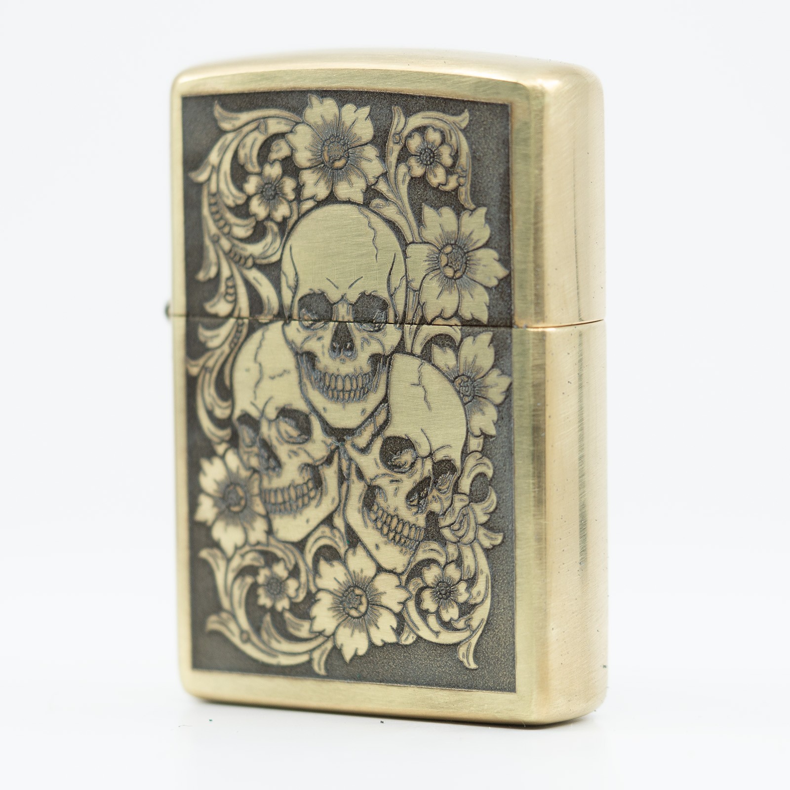 All Brass Zippo Lighter Engraved Three Skull with Western Scrolls