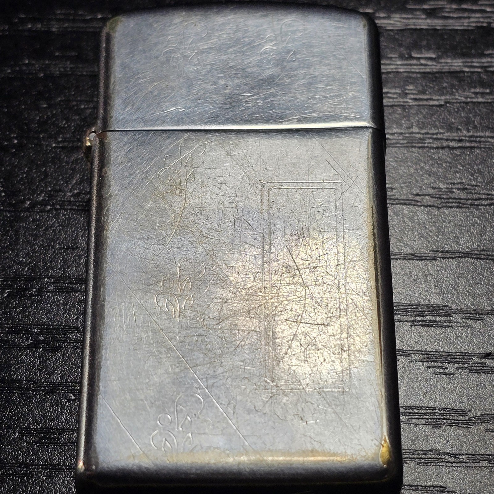 VTG Zippo Slim Windproof Lighter 1969 Engine Turned Cartouche Silver Tone USA