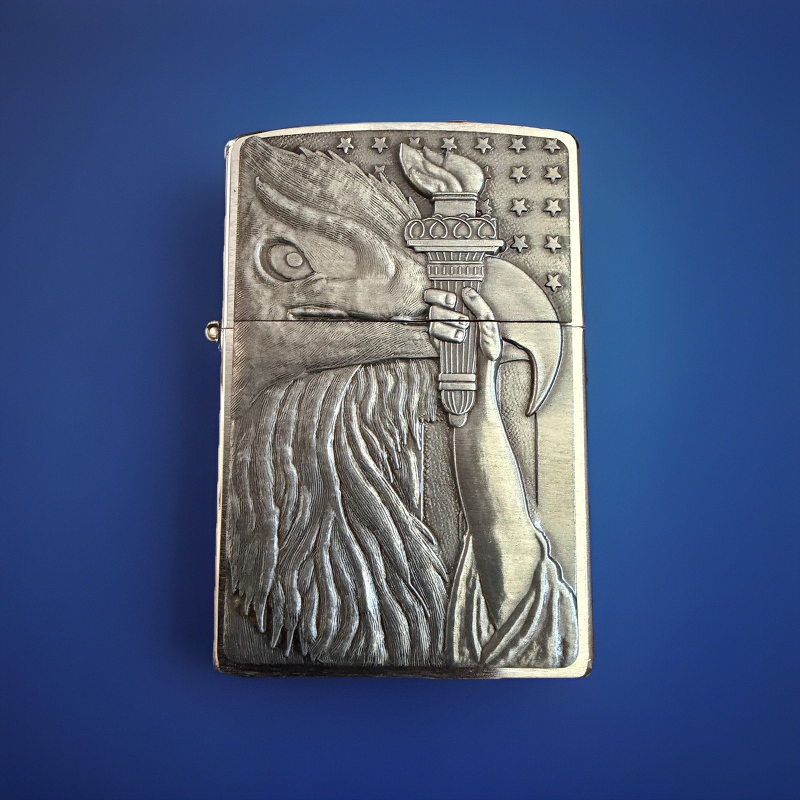 Zippo Eagle & Torch Pewter Lighter #600 2002 Unfired MINT Original Tin USA
