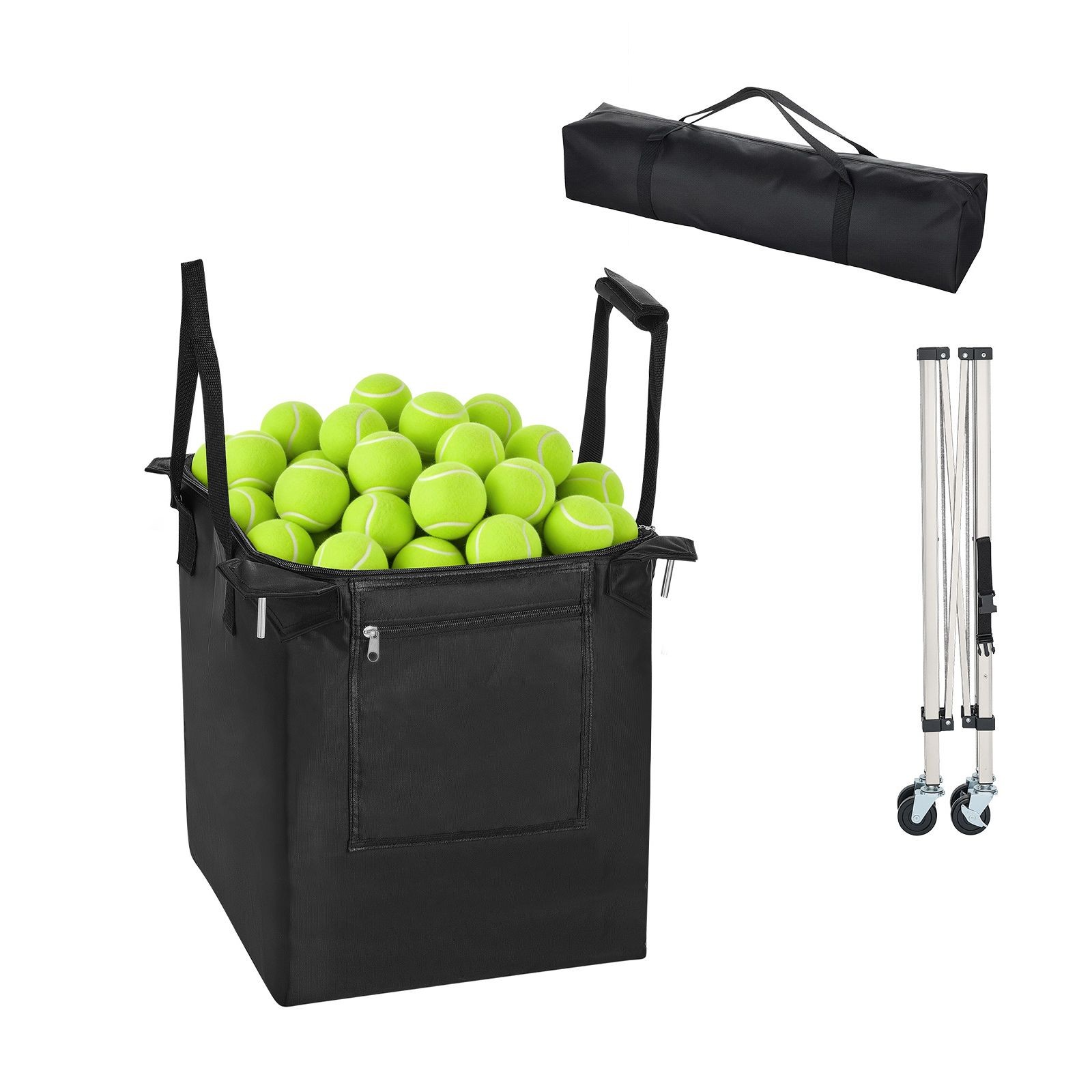 Foldable tennis ball hopper holds 200 balls with wheels and storage bag