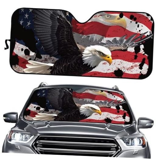 Car Windshield Sun Shade Blocks UV Rays Sun Visor American Flag Eagle Print
