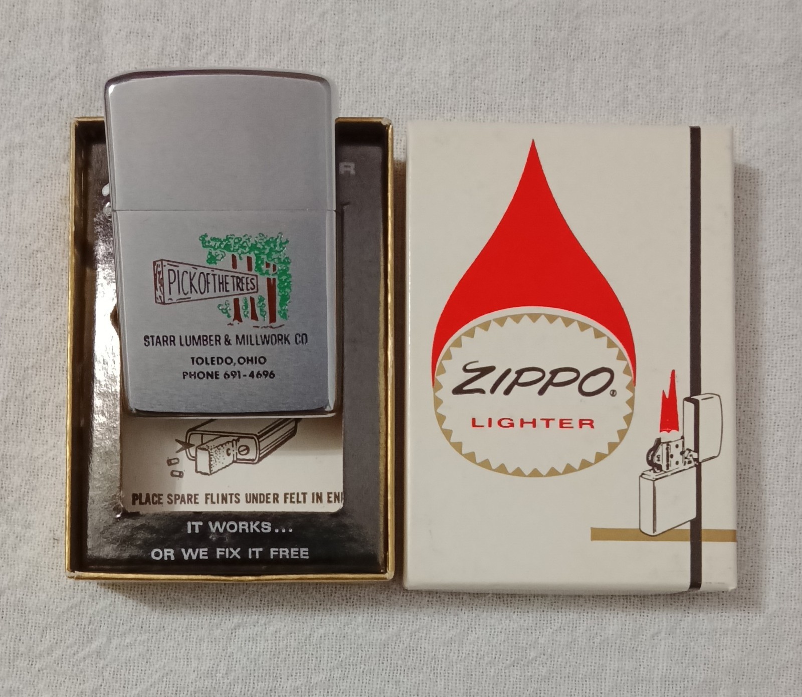 1971 ZIPPO LIGHTER PICK OF THE TREES LUMBER COMPANY TOLEDO OHIO UNUSED WITH BOX