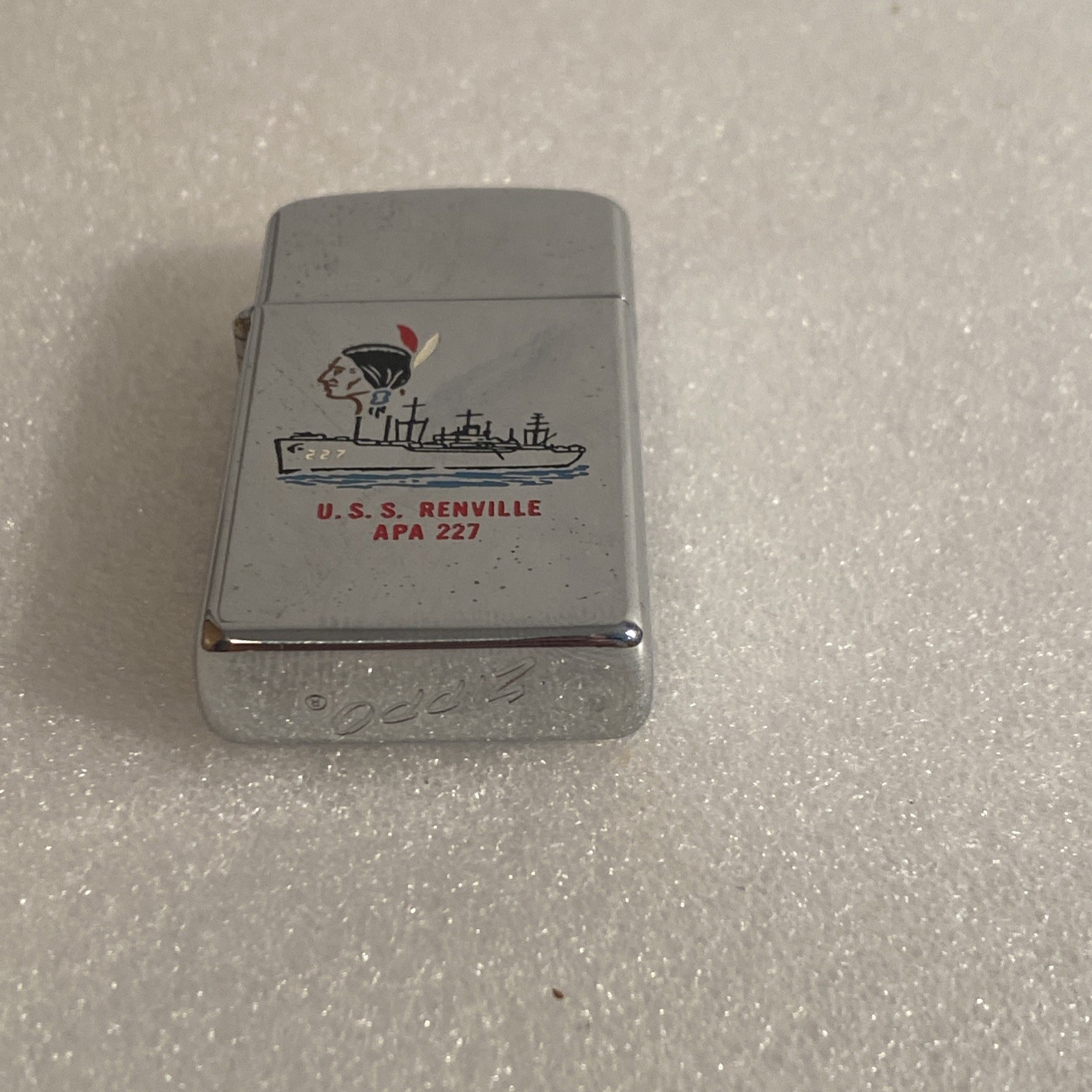 VINTAGE ZIPPO SLIM SHIP LIGHTER U.S.S. RENVILLE APA 227