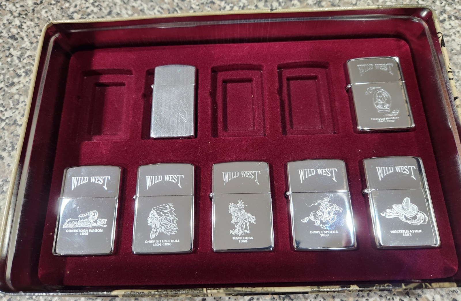 Zippo Wild West Collection Set 7 Lighters Tin Case Guides & Book