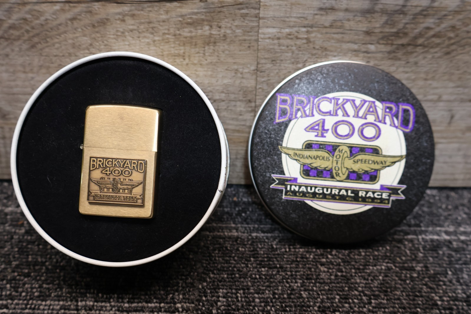 VINTAGE 1994 BRICKYARD 400 INAUGURAL RACE SOLID BRASS ZIPPO LIGHTER & TIN
