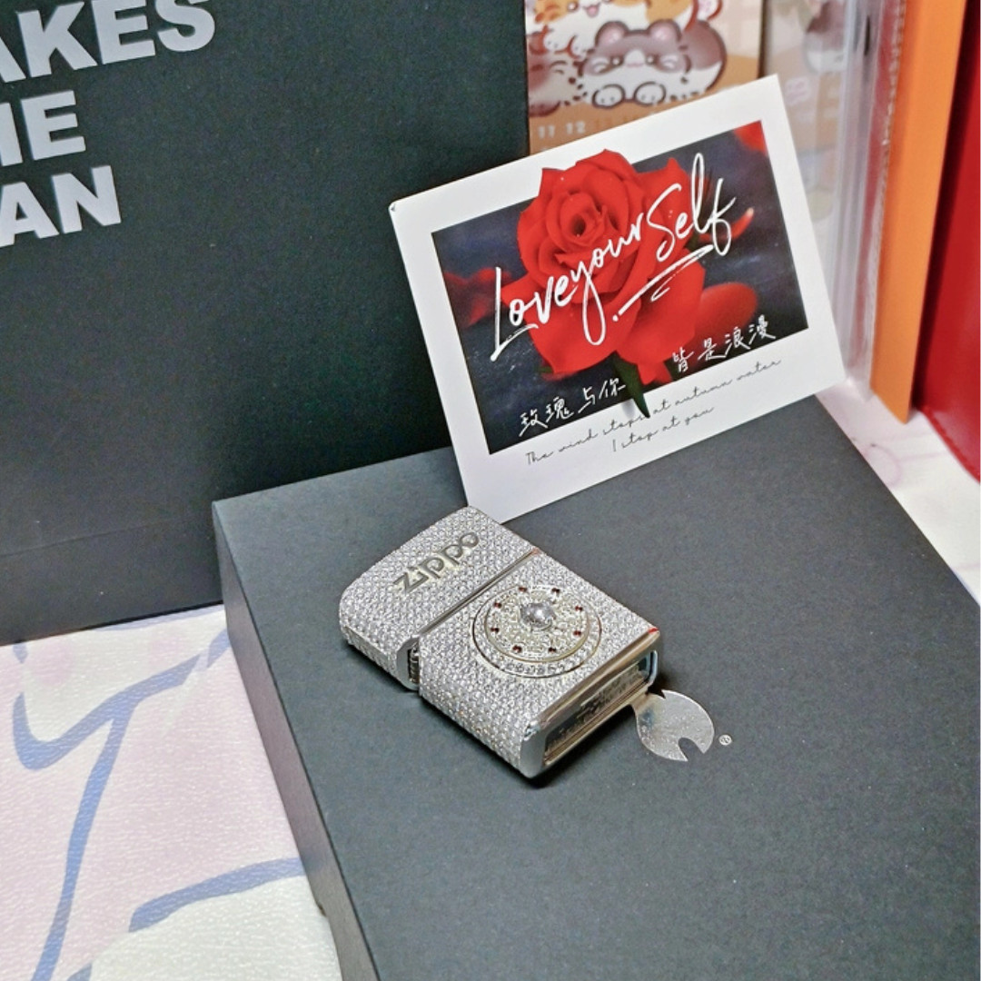 Zippo Lighter with Full Crystal Decoration, Eight-Treasure Compass Design