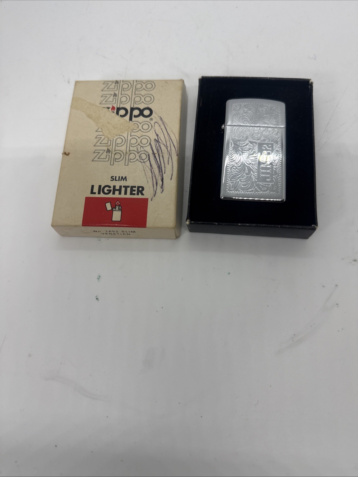 Zippo Lighter Slim Chrome Venetian Ornate Floral Pattern Unfired In Box “Jim 82”