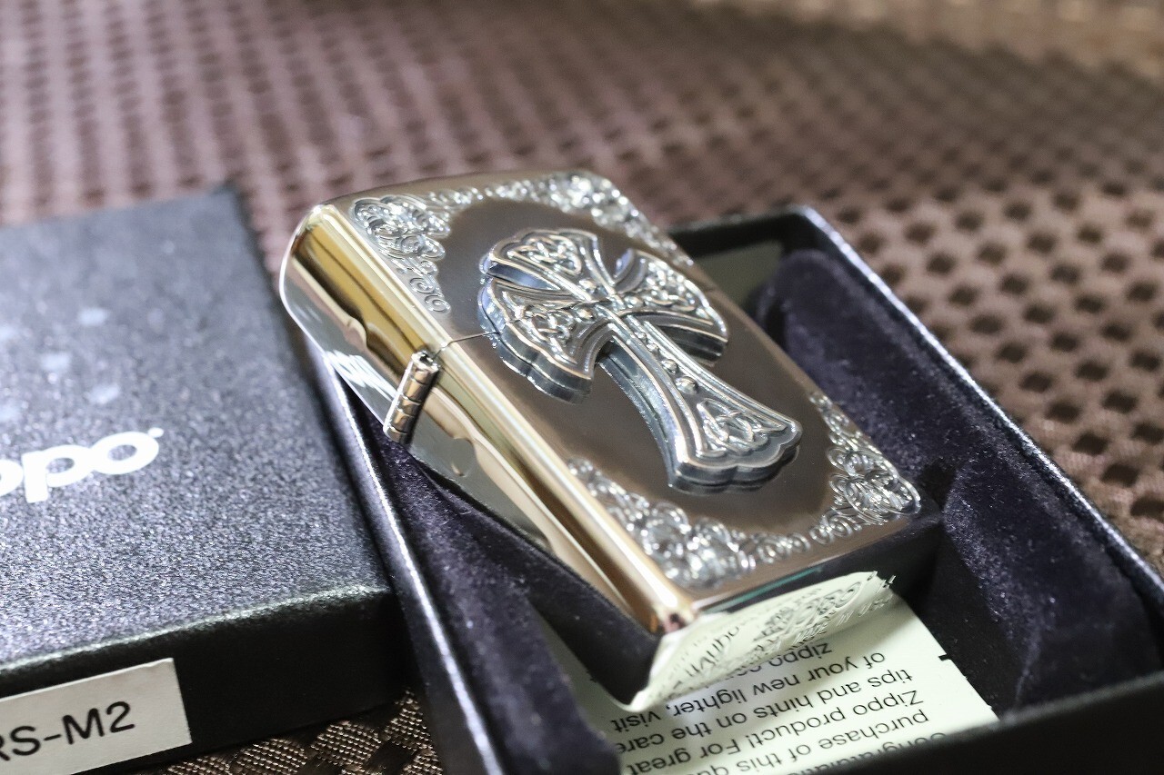 Zippo Oil Lighter Silver Cross Regular Case