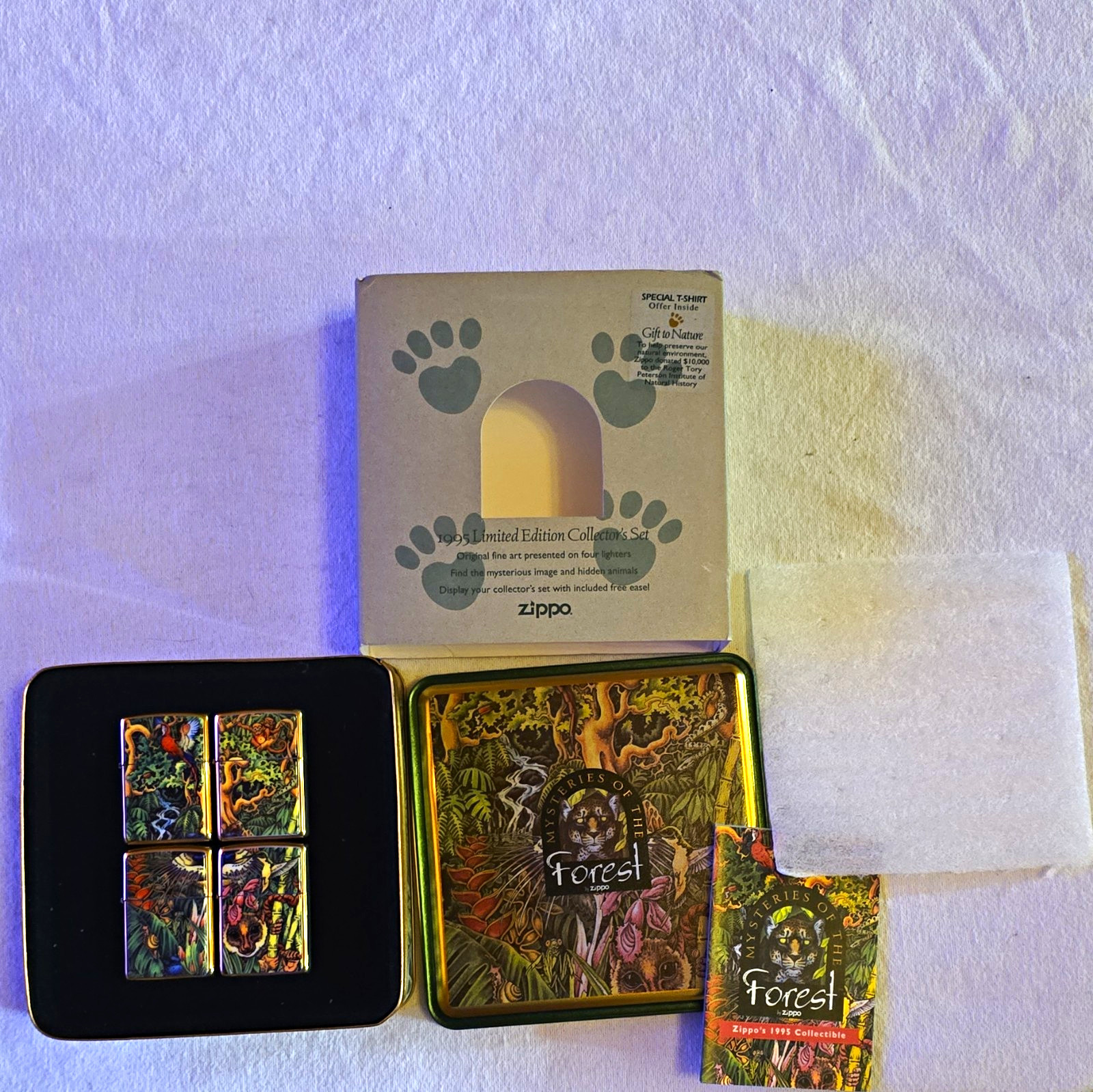 Zippo 1995 Limited Edition Forest Mysteries Collector Set, 4 Lighters, Tin & Box