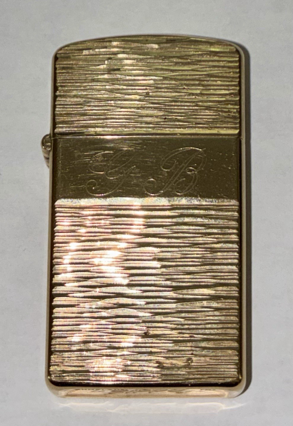 1979 Zippo Tree Bark Gold-plated Slim Lighter Bradford, PA Initials “GB”Untested