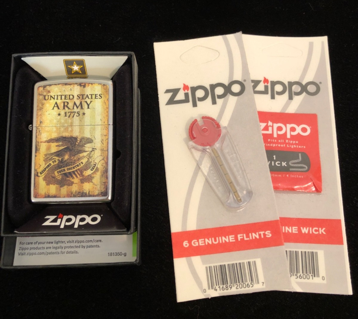 Zippo Lighter, 49315 U. S. Army, Flag with Eagle & 1775, Extra wick & flints